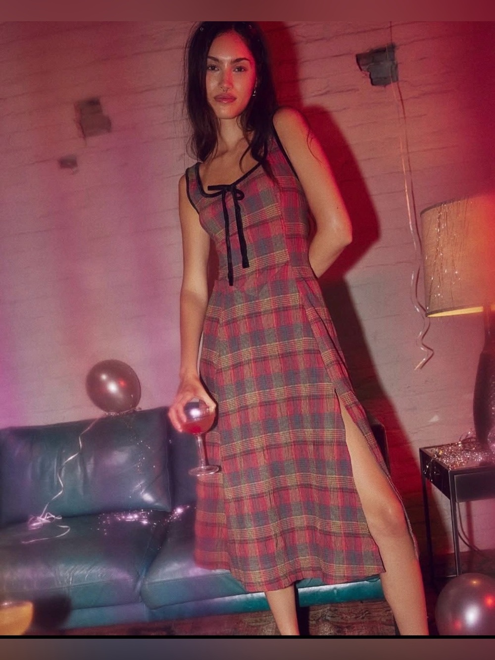 Free People Freya Strappy Plaid Midi Dress Cherry Medium NWT - Picture 5 of 16